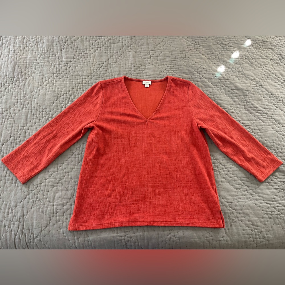 J Crew Factory Textured V Neck 3/4 Burnt Orange Top Medium Cotton Fall Autumn